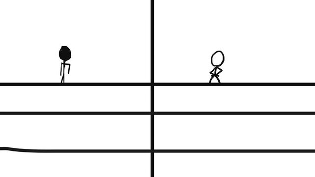 In the upper windows or zones, drawn people or sticker men dance or move.