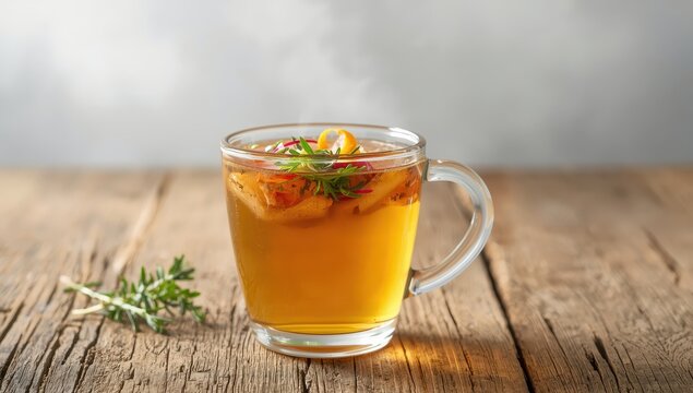 Tasty chicken soup in a glass on a pale gray backdrop.