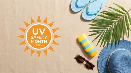 Obraz premium Summer uv safety month july accessories like hat sunglasses sunscreen and flip flops on light brown background suggesting vacation and outdoor recreation.