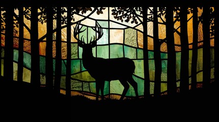 Fototapeta premium Stained Glass Deer Silhouette in Forest Nature Art Concept Dark Background
