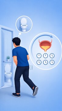 Man Rushing to Bathroom with Frequent Urination Symptoms: Bladder Health and Overactive Bladder Medical Illustration