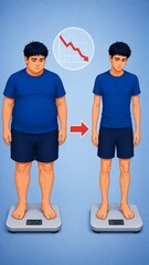 Fototapeta premium Male Weight Loss Transformation Illustration: Before and After Body Journey with Progress Chart and Scale Data