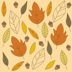 Fototapeta premium Autumn leaves dance in warm, golden hues. Acorns rest beside each leaf, grounded and wise. Soft beige background lets colors shine gently. Pattern feels cozy, inviting, and seasonal