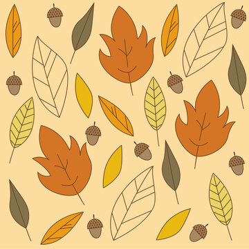 Autumn leaves dance in warm, golden hues. Acorns rest beside each leaf, grounded and wise. Soft beige background lets colors shine gently. Pattern feels cozy, inviting, and seasonal