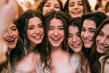Obraz premium A group of young women smiling and enjoying a joyful moment together, showcasing happiness and friendship.