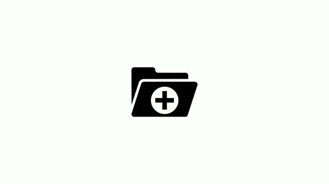 Digital folder icon with plus sign animation indicating adding new documents or creating a new file on white background. Emphasizing digital storage and file management animation with alpha channel