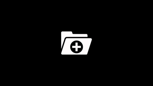 Digital folder icon with plus sign animation indicating adding new documents or creating a new file on black background. Emphasizing digital storage and file management animation with alpha channel
