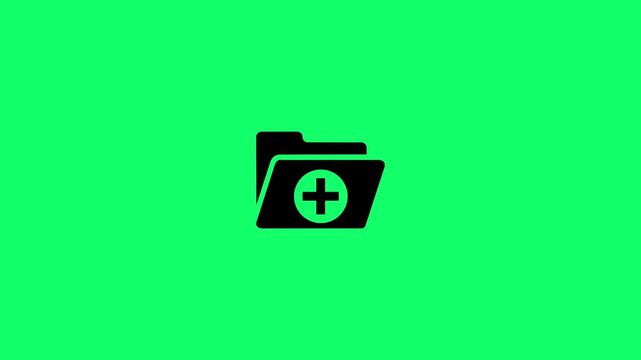 Digital folder icon with plus sign animation indicating adding new documents or creating a new file on green background. Emphasizing digital storage and file management animation with alpha channel