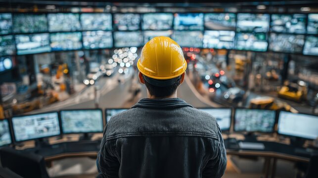 Engineer in yellow helmet standing on center of photo with background of heavy machinery in factory