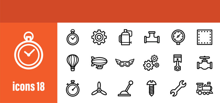 Steampunk icons set. Vintage mechanical elements, clockwork, and retro-futuristic technology symbols. Editable stroke.
