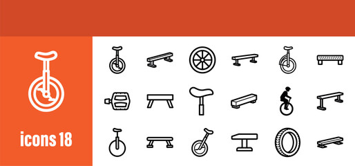 Unicycles and balance objects icons set. Single-wheel vehicles and various barriers. Editable stroke. © liubomir118809