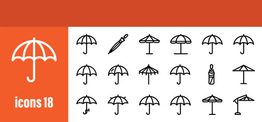 Umbrella icons set. Weather protection, rain, sunshade, and parasol symbols. Editable stroke. © liubomir118809