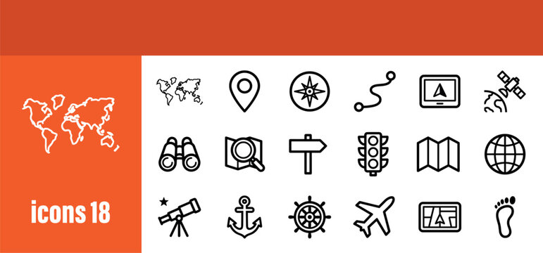 Travel and navigation icons set. Maps, compass, and tools for exploration and journey planning. Editable stroke.