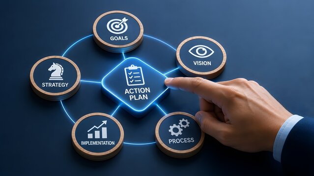 Hand touching an action plan digital interface connected to strategic business goals and implementation processes