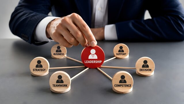 Executive organizing a red leadership wooden block connected to core business principles like strategy and teamwork