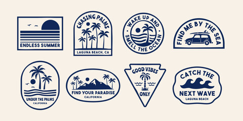 Fototapeta premium Retro tropical surf badge collection with beach scenes, palm trees, waves, and coastal typography. Perfect for apparel, stickers, branding, and summer lifestyle designs.