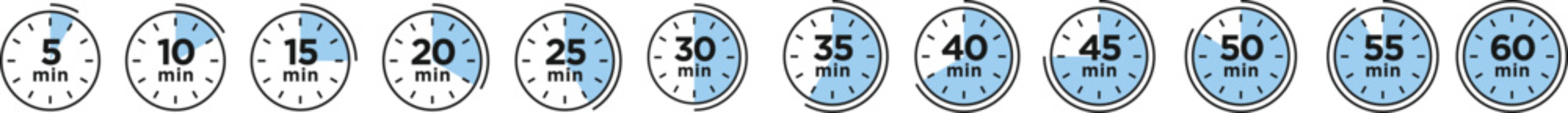 Timer, clock, stopwatch isolated set icons. Countdown timer symbol icon set. Label cooking time. Vector illustration.Set of analog clocks for every hour icon.Stopwatch icon from 1 to 60 minute timer