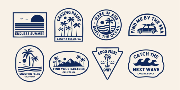 Retro tropical surf badge collection with beach scenes, palm trees, waves, and coastal typography. Perfect for apparel, stickers, branding, and summer lifestyle designs.