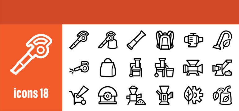 Garden Leaf Blower and Equipment Line Icons Set. Outdoor Power Tools for Yard Work.