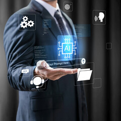Obraz premium A businessman in a suit holds a glowing virtual interface showing an AI chip, prompt input, and technological icons on a dark background