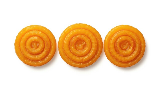 Three jalebi desserts on a white backdrop.