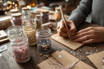 Fototapeta premium Hands writing on a brown envelope surrounded by jars of colorful beads and glitter on a wooden table.