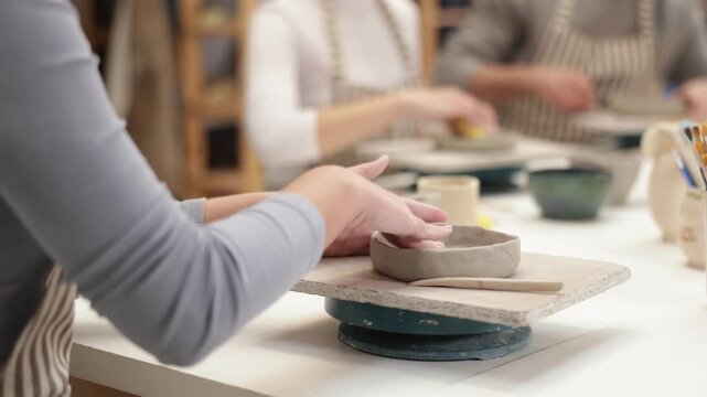 Close up unrecognizable female master forms bowl of clay during master class. Team of creative enthusiasts is engaged in clay modeling lesson in background