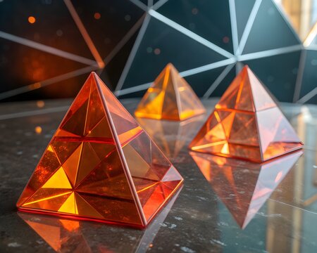 Orange glass pyramids isolated on transparent background for modern branding and decor
