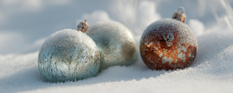 Frost-glazed holiday decorations resting in pure winter snow field 32k