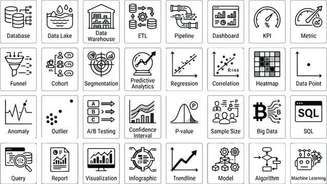 Set of data science and analytics line icons for business intelligence and data visualization projects