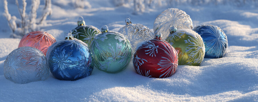 Frost-glazed holiday decorations resting in pure winter snow field 32k