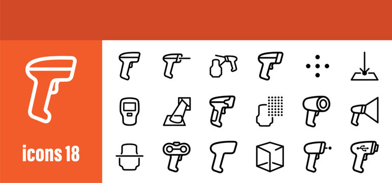 Barcode Scanner and Reader Outline Icons Set. Collection of data capture, retail, logistics, and inventory management devices.
