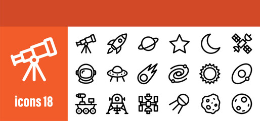 Astronomy and Space Science Line Icons Set, Featuring Telescopes, Planets, and Celestial Bodies © liubomir118809