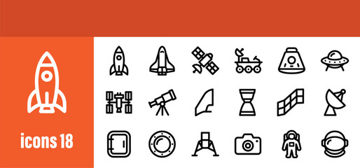 Space Travel and Technology Line Icons Set, Featuring Rockets, Spaceships, and Astronaut Gear © liubomir118809