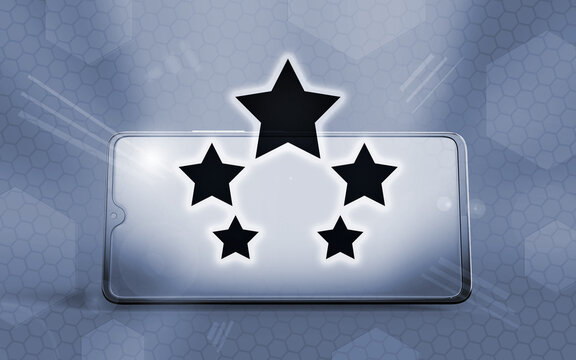 Representaci&oacute;n tridimensional de un tel&eacute;fono inteligente moderno con un grupo de cinco estrellas negras brillantes sobre la pantalla, simbolizando una calificaci&oacute;n de servicio excelente