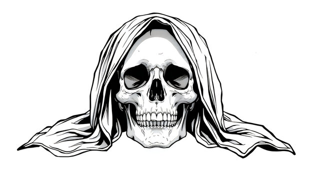 Human skull wearing a hooded cloak illustration illustration