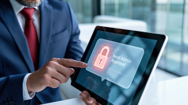 Businessman checking admin approval on tablet screen showing lock icon with digital security access notification