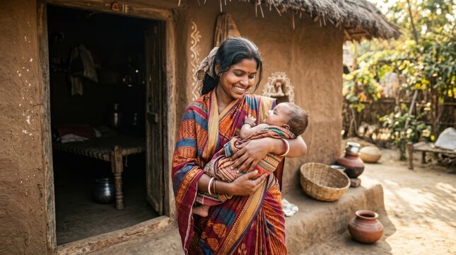 Indian mother holding newborn baby lovingly in front of traditional village mud house.