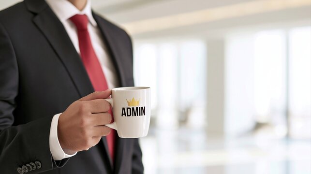 Businessman holding white cup labeled with admin and crown text