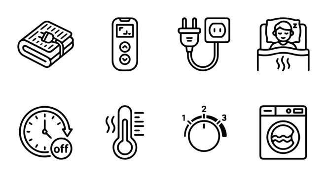 Heating Blanket Icons Set, Cozy Bed Comfort, Temperature Control, Timer, Laundry Machine, Remote Control, Thermometer, Electrical Plug