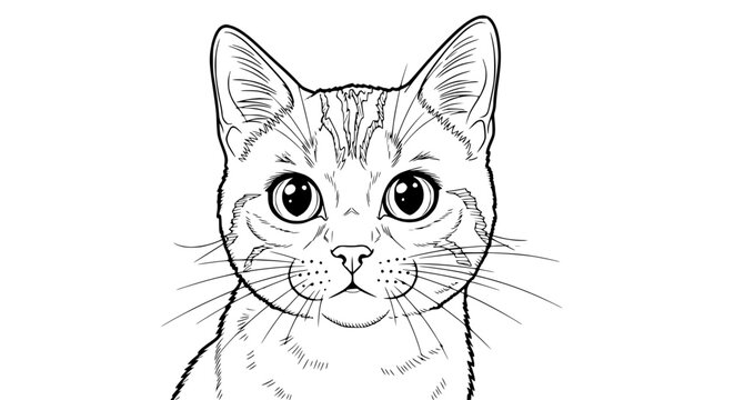 Close-up illustration of a tabby cat's face, black and white sketch, wide innocent eyes.