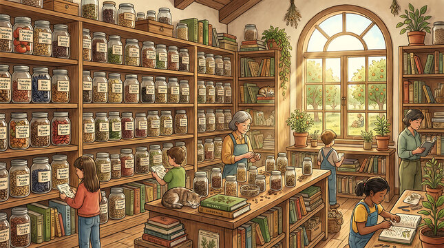 Cozy Seed Library Illustration with People and Children Sorting Heirloom Seeds in Jars by a Sunny Window