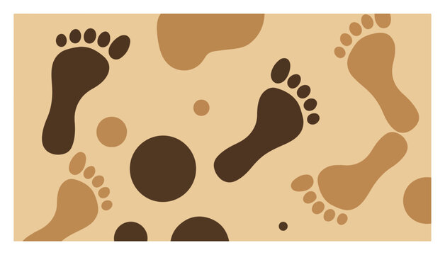 Footprints seamless pattern with human brown footsteps and abstract soil spots in flat style
