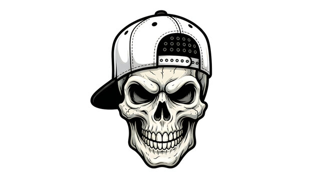 Grinning human skull wearing a cool baseball cap illustration