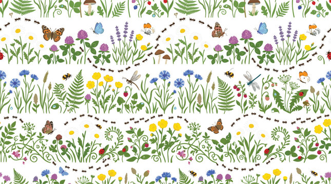 Wildflower meadow seamless stripe pattern with walking ants line butterfly and lavender flowers vector