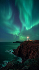 Fototapeta premium Northern Lights Above Cliffside Lighthouse