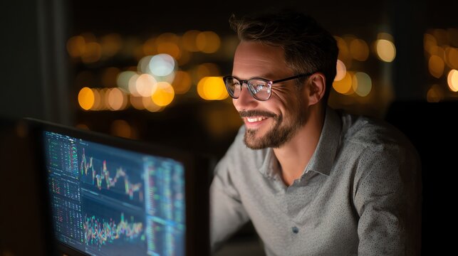 happy analyst checking graphs on desktop monitor