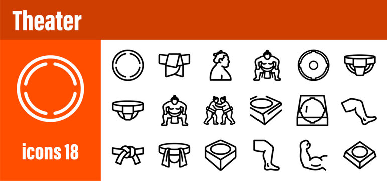 Sumo Wrestling Sport and Culture Outline Icons Set. Vector Illustration for Japanese Martial Arts.