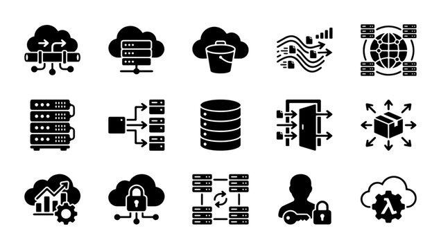 Cloud computing icons set, 15 black solid vector symbols for data storage and network infrastructure, server management and web hosting graphics