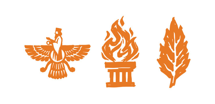 Minimalist Zoroastrian Flame Symbols and Ancient Persian Icons in Orange